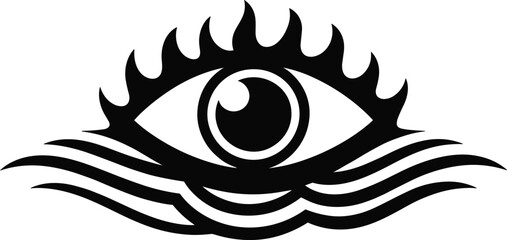 Mystical eye logo with flame design and wave elements, abstract black and white symbol for branding, spirituality, vision, creativity