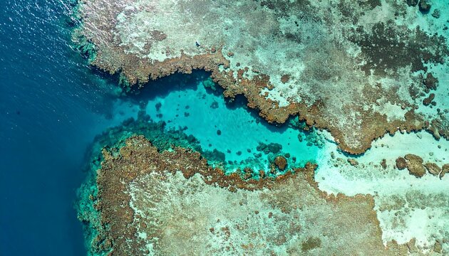 A breathtaking aerial view of a vibrant coral reef lagoon, an idyllic paradise for a dream holiday destination