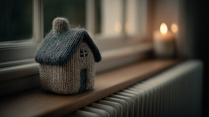 A cozy knitted house ornament sits on a windowsill, accompanied by a softly glowing candle and hints of warm interior lighting.