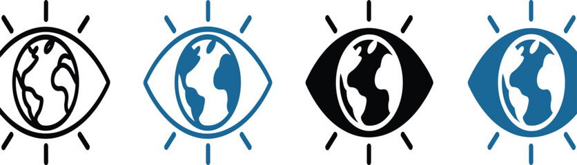 Set of four minimalist global vision icons combining earth and eye symbols representing worldwide awareness, sustainability, observation, environmental focus, design
