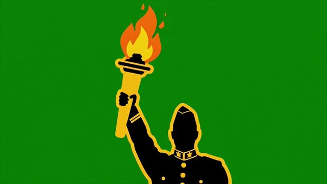 Silhouette Torchbearer Holding Flame Against Green Background.