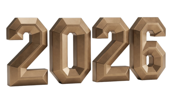Isolated Dimensional bronze numbers reading "2026", modern style, for design and events