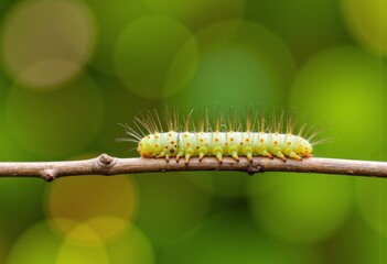 Fototapeta premium Vibrant green caterpillar with delicate spines and dotted patterns crawling along a slender twig against a lush, out-of-focus verdant background