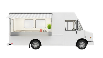 White food truck with awning isolated on transparent background