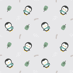 Cute Animal pattern seamless Little Penguin woth background tree and snow