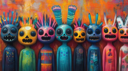 A vibrant display of colorful, stylized figures with expressive features and unique designs, set against a vivid abstract background.