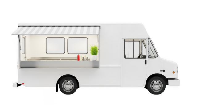 White food truck with awning isolated on transparent background