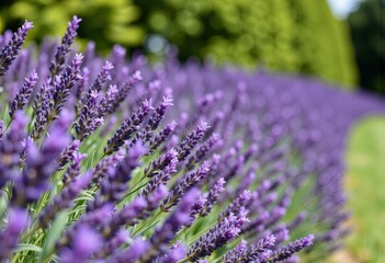 Obraz premium Vibrant Purple Lavender Field in Full Bloom Stretching into the Distance Beneath a Clear Sky with Lush Greenery in the Background