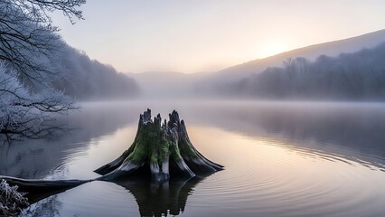 Tranquil Lake Scene with Tree Stump and Misty Mountains.
