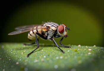 Fototapeta premium Close-up View of a Striped Fly with Vibrant Red Eyes Resting on a Leaf Capturing the Intricate Details of Its Wings and Body