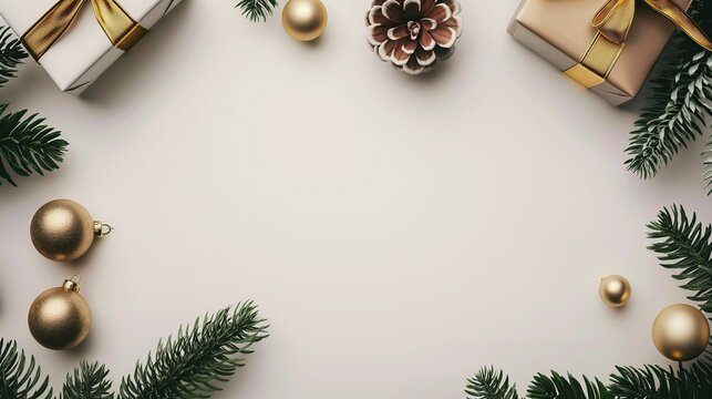 Christmas and New Year background with white space in center golden decorations around edges fir branches gifts pine cones on light gray background
