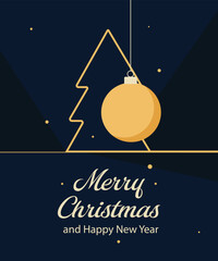 Elegant Merry Christmas and Happy New Year greetings with golden ornaments and minimalist tree design on dark blue background for festive cheer