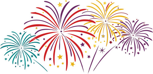 Illustration of colorful fireworks in vector format, isolated on a transparent background for a festive effect.