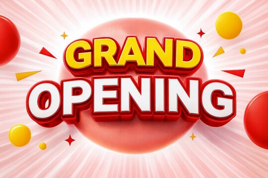 Exciting grand opening celebration with balloons and confetti announcing new business launch and special event