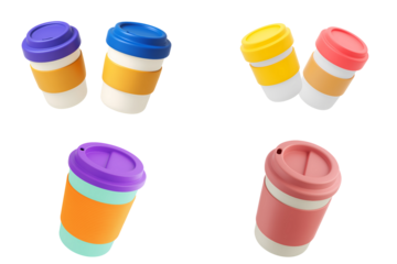 Colorful reusable coffee cups set illustration beverage eco friendly mugs drink design, PNG with transparent background