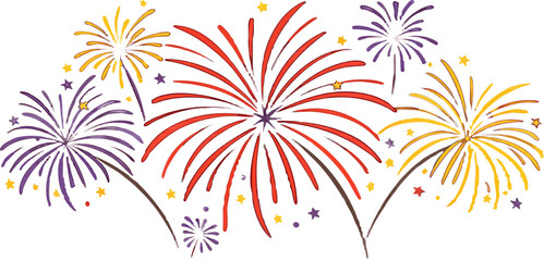Colorful fireworks in vector style, exploding with bright hues, set against a transparent background.