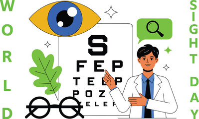 World Sight Day eye care illustration with optometrist, eye chart, glasses, vision test, healthcare awareness design for medical campaigns promotion