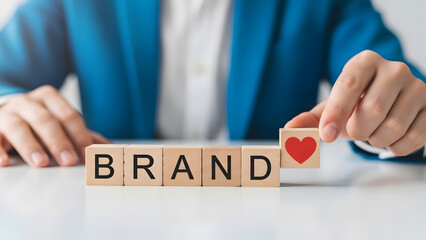 Brand building with love photo of wooden blocks spelling brand with heart