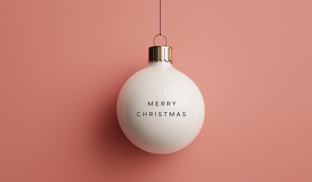 White Christmas bauble with text Merry Christmas on pink background, minimalist decoration for holiday season