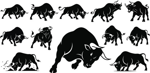 Dynamic bull silhouettes a powerful collection of charging and grazing cattle