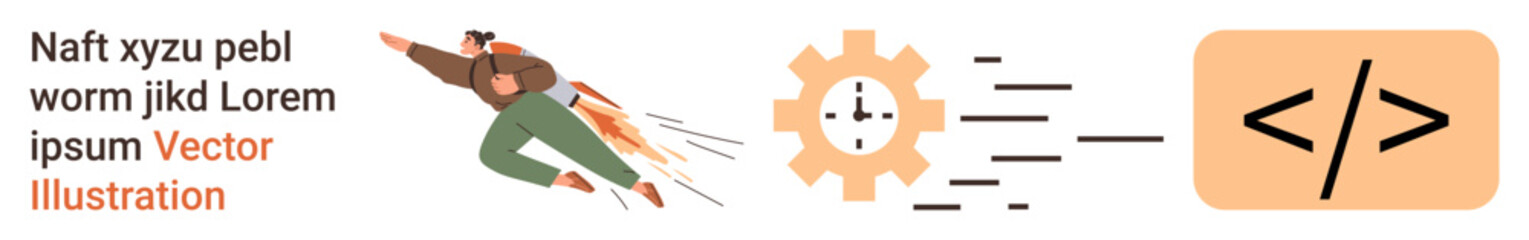 Software development, programming innovation, tech productivity, automation, code compilation, process optimization. Programmer in motion toward a gear and coding symbol. Software development