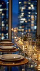 Elegant dinner table with plates, wine glasses, and a carafe, fairy lights down the center, city skyscraper lights blurred through the window at night.