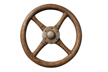 Rustic wooden cartwheel or wagon wheel with riveted metal hub on transparent background. Concept of vintage transport and history