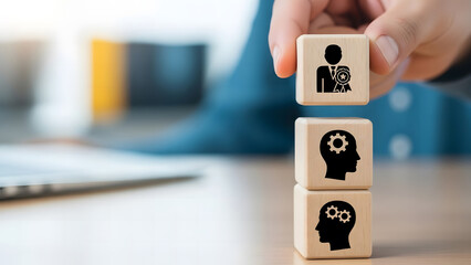 Human resources Employee recognition career development skill improvement team building with wooden blocks