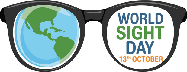 World Sight Day illustration with eyeglasses, globe reflection, vision awareness design, eye health campaign graphic, global eyesight protection concept for October event