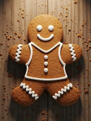 Smiling gingerbread man cookie with icing on wooden background.