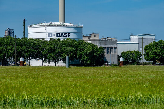 BASF SE chemical storage tank in Ludwigshafen, German Badische Anilin- und Sodafabrik company, European industrial facility, large white silo, green trees, German manufacturer