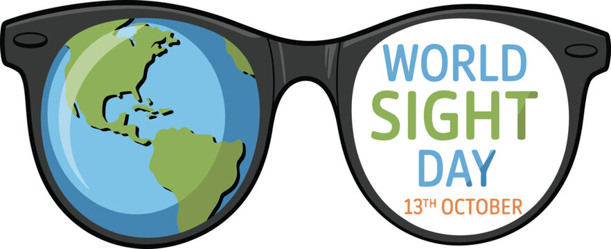 World Sight Day illustration with eyeglasses, globe reflection, vision awareness design, eye health campaign graphic, global eyesight protection concept for October event