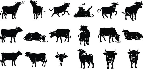 Silhouette collection of farm animals cows goats and bulls