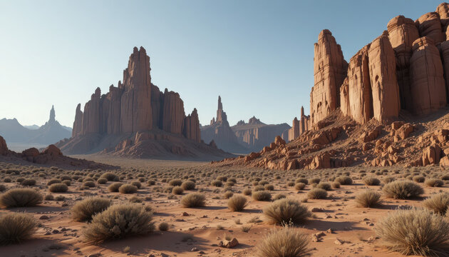 Arid landscape with rock formations and desert vegetation