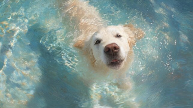 Golden retriever swims happily in a clear swimming pool on a sunny day