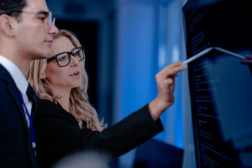Validating the future AI. A specialist points out a crucial parameter in an AI model's code displayed on screen discussing its ethical implications with her colleague before deployment.