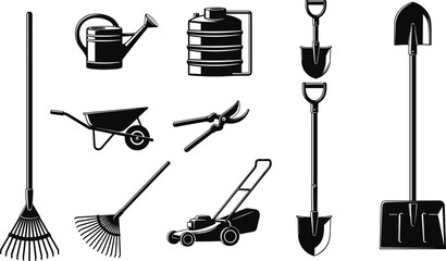 Collection of gardening tools and equipment icons including shovel rake wheelbarrow watering can lawn mower and pruning shears isolated vector set
