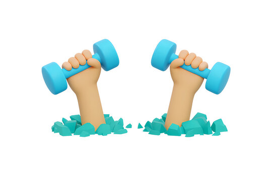 Fitness dumbbells workout exercise 3D cartoon illustration gym strength training sport health design, PNG with transparent background