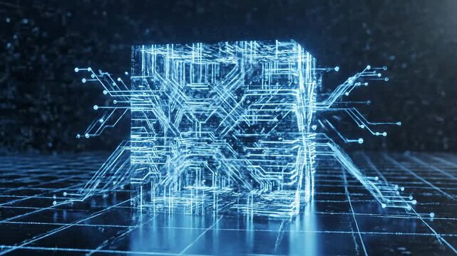 Abstract glowing blue cube with intricate circuits and lines on a dark grid background with digital particles floating creating a futuristic technology concept