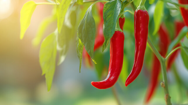 Close-up view of red chili peppers among green leaves in natural light. gardening catalogs, home-decor guides, designed for gardening and botanical catalogs, used by photographers. - Powered by Adobe