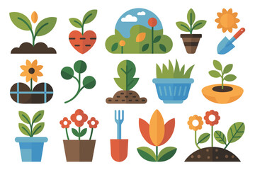 Illustration of various plants flowers and gardening tools on white