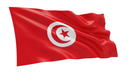 Red and white national flag with a star and crescent symbol waving gracefully in a gentle breeze, featuring a silky texture and realistic folds in a 3D illustration