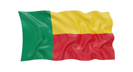 Green, yellow, and red tricolor flag with a vertical stripe and two horizontal stripes, rendered in a glossy, silky fabric that is gently waving and rippling