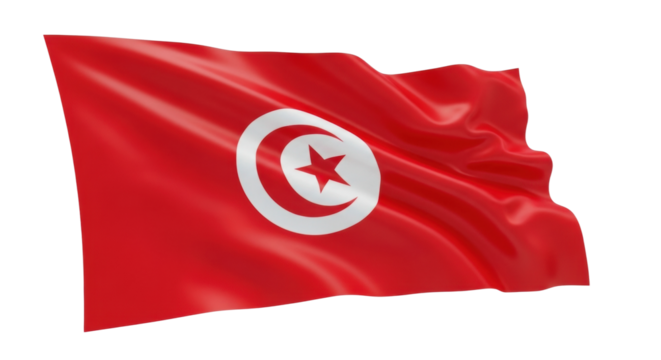 Red and white national flag with a star and crescent symbol waving gracefully in a gentle breeze, featuring a silky texture and realistic folds in a 3D illustration