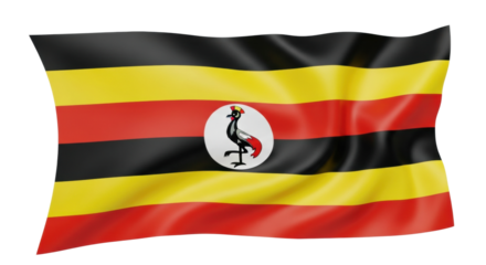 Waving national flag with horizontal black, yellow, and red stripes featuring a central white disc with a grey crowned crane emblem, rendered with a realistic silky fabric texture