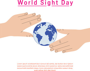 World Sight Day illustration, hands protecting globe, vision awareness concept, global eye health campaign design, minimal healthcare graphic for awareness
