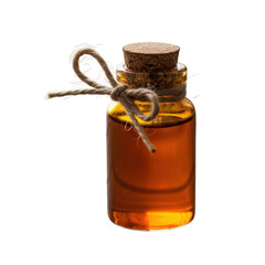 Small glass bottle filled with amber liquid and tied with twine isolated on transparent background