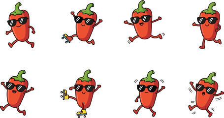 Cute chili pepper character illustration set with sunglasses, funny running and skating pepper mascot, playful vegetable cartoon icons for design