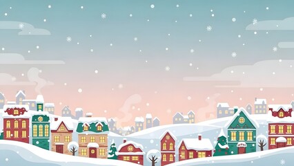 Snowy winter town landscape with cozy houses and falling snow.