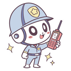 Cute Cartoon Police Mascot Using Walkie-Talkie – Kawaii Security Character Illustration